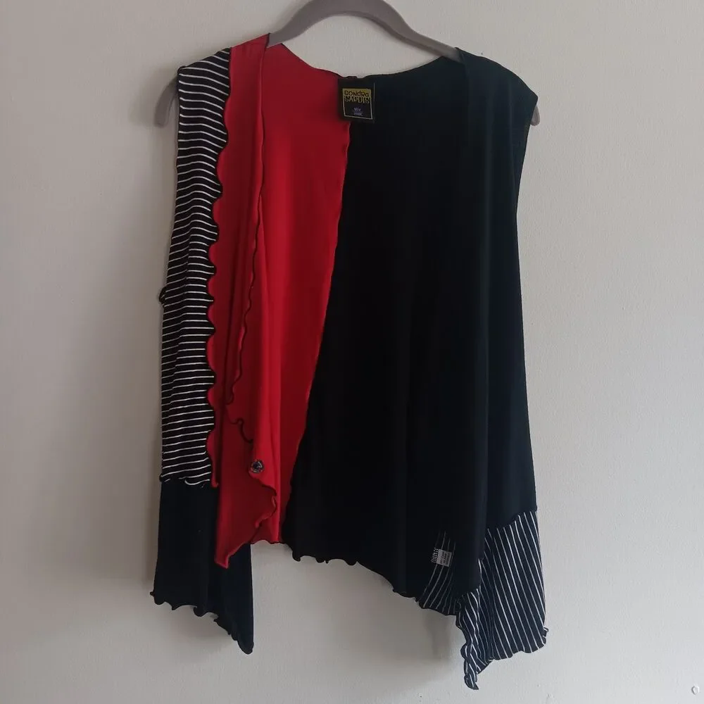 Sondra Sardis‎ Black Red Lettuce Hem Vest Top Patchwork Mixed Artsy Size Small